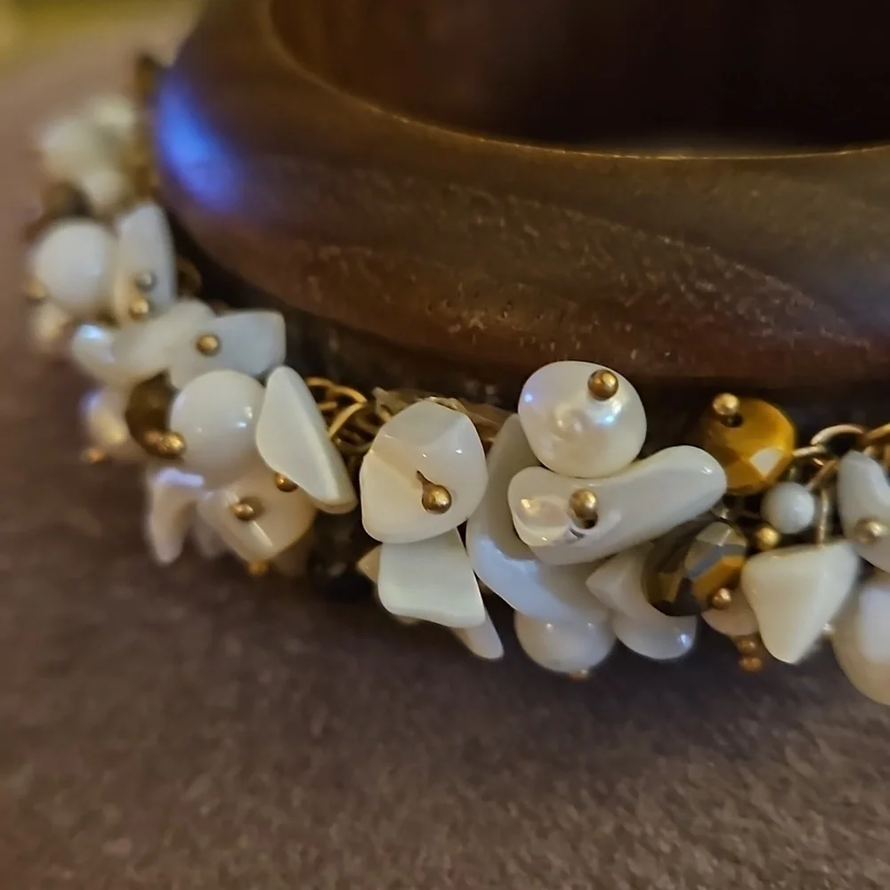 VTG Wood Mother of Pearl Bauble Cha Cha Bangle Mermaidcore Chunky Bracelet